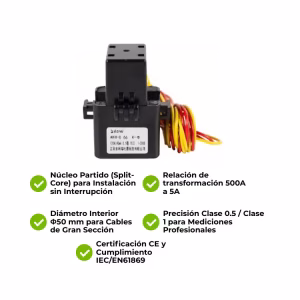 CT Acrel 500A/5A  AKH-0.66/K-Φ50 Sensor Corriente Núcleo Partido - Imagen 4